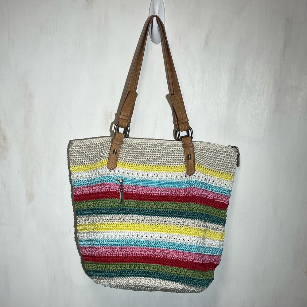 The Sak Pretty Multi Colored Crochet Bag Purse Leather Handles NWOT